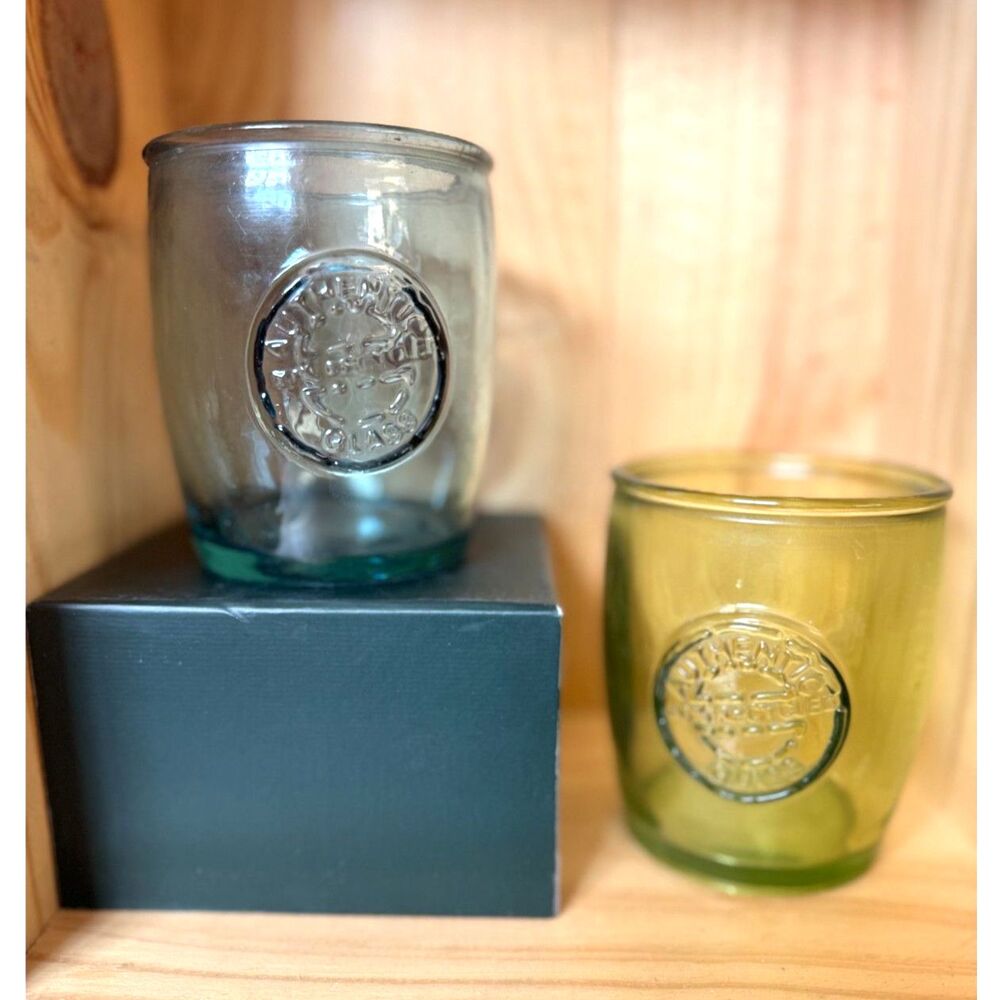 Authentic Recycled San Miguel Lowball Glasses Blue & Yellow Green SZ 4" H x 3" W
